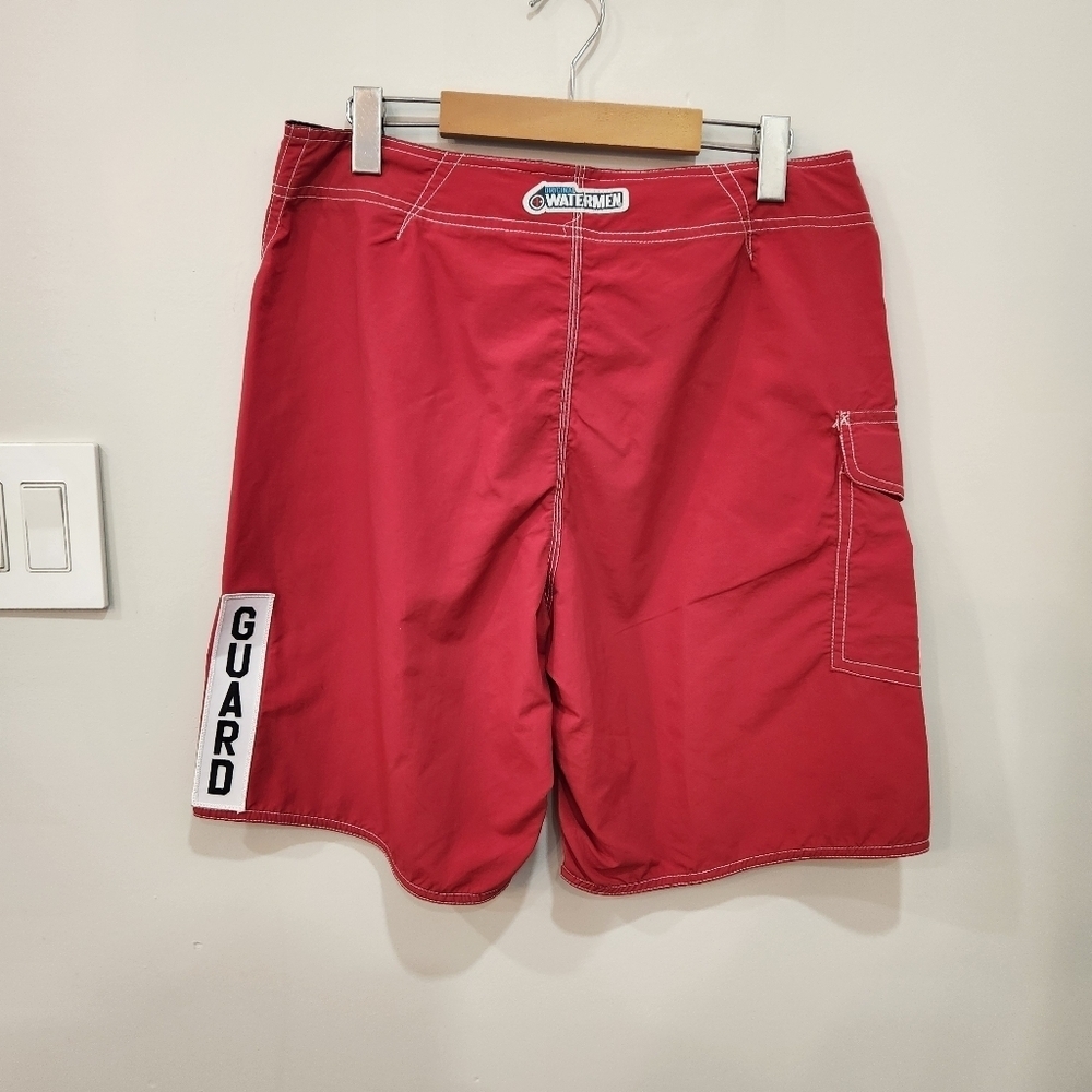 Original Watermen Lifeguard Shorts Mens 32 Red Nylon Drawstring Pockets Beach